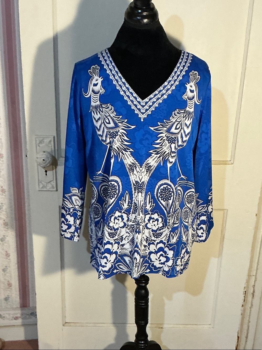 Bob Mackie Royal Blue & White Peacock V-Neck Tunic